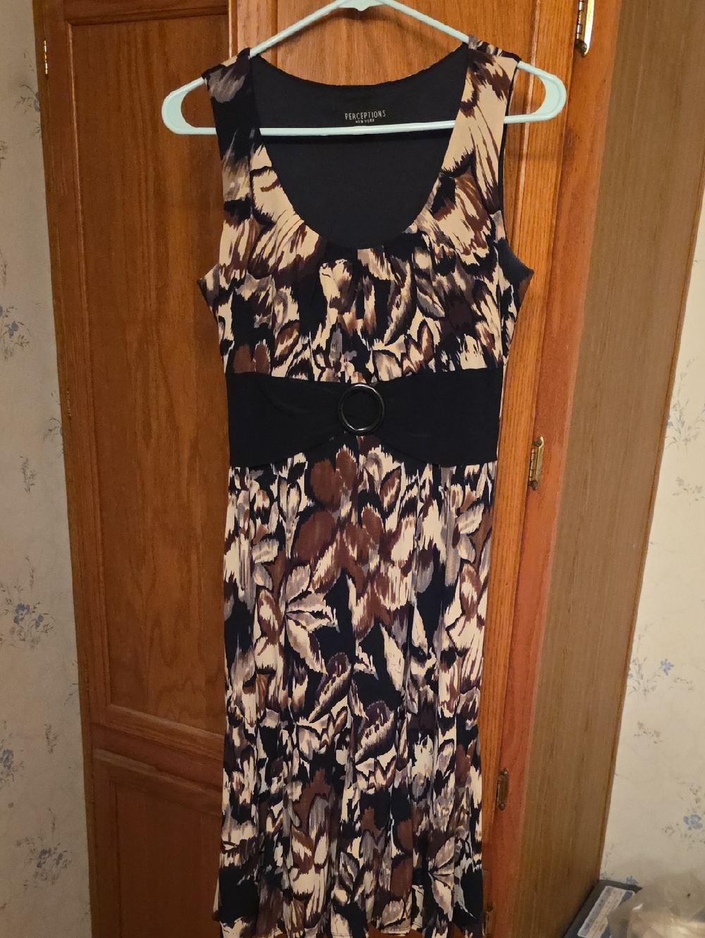 Perceptions Brown, Black and Cream Printed Sleeveless Maxi Dress with Waist Ring